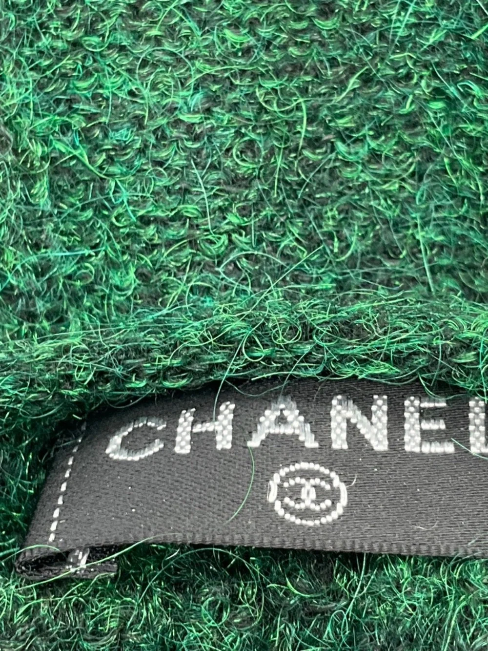 CHANEL GREEN MOHAIR KNIT ARM WARMERS WITH JEWEL STONE EMBELLISHMENT